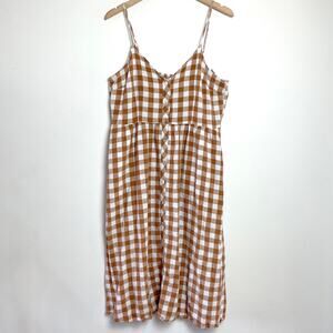 Brown Gingham Midi Dress Sz XL Linen Blend Cottagecore Farmhouse Picnic Plaid
